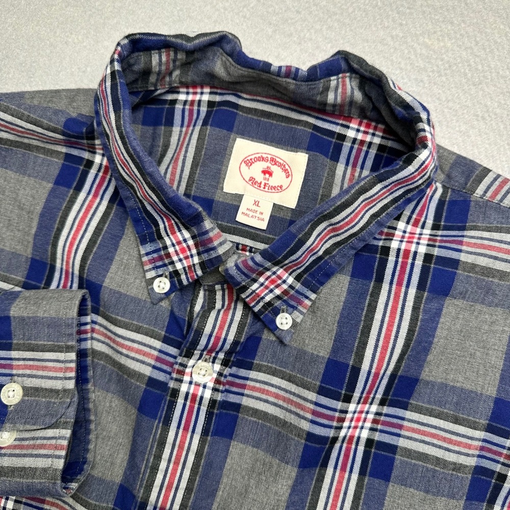 Brooks Brothers Red Fleece Shirt Mens XL Grey Blue Red Plaid Button Down Logo